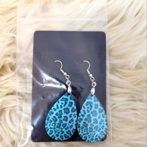 Wooden Teardrop Animal Print Teal Earrings